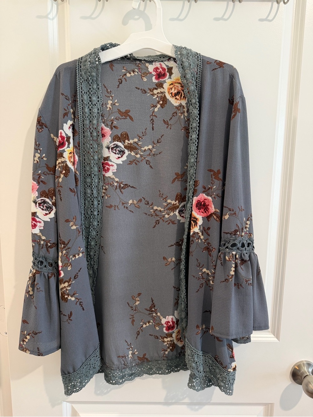 Floral Crochet-Trim Open Cardigan - Slate Blue